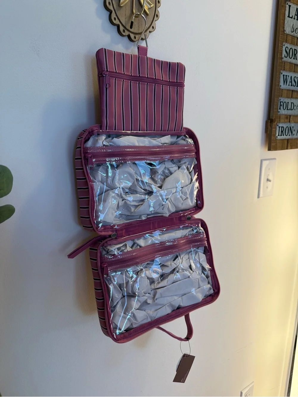 NWT Tender Love + Carry Toiletry Weekender Bag in Pink Vertical Striped Pattern